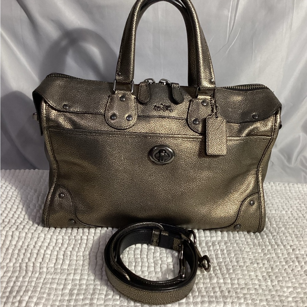 COACH Rhyder 33739 Metallic 2 Tone Leather Satchel Carryall Bag with Long Strap - Picture 12 of 12